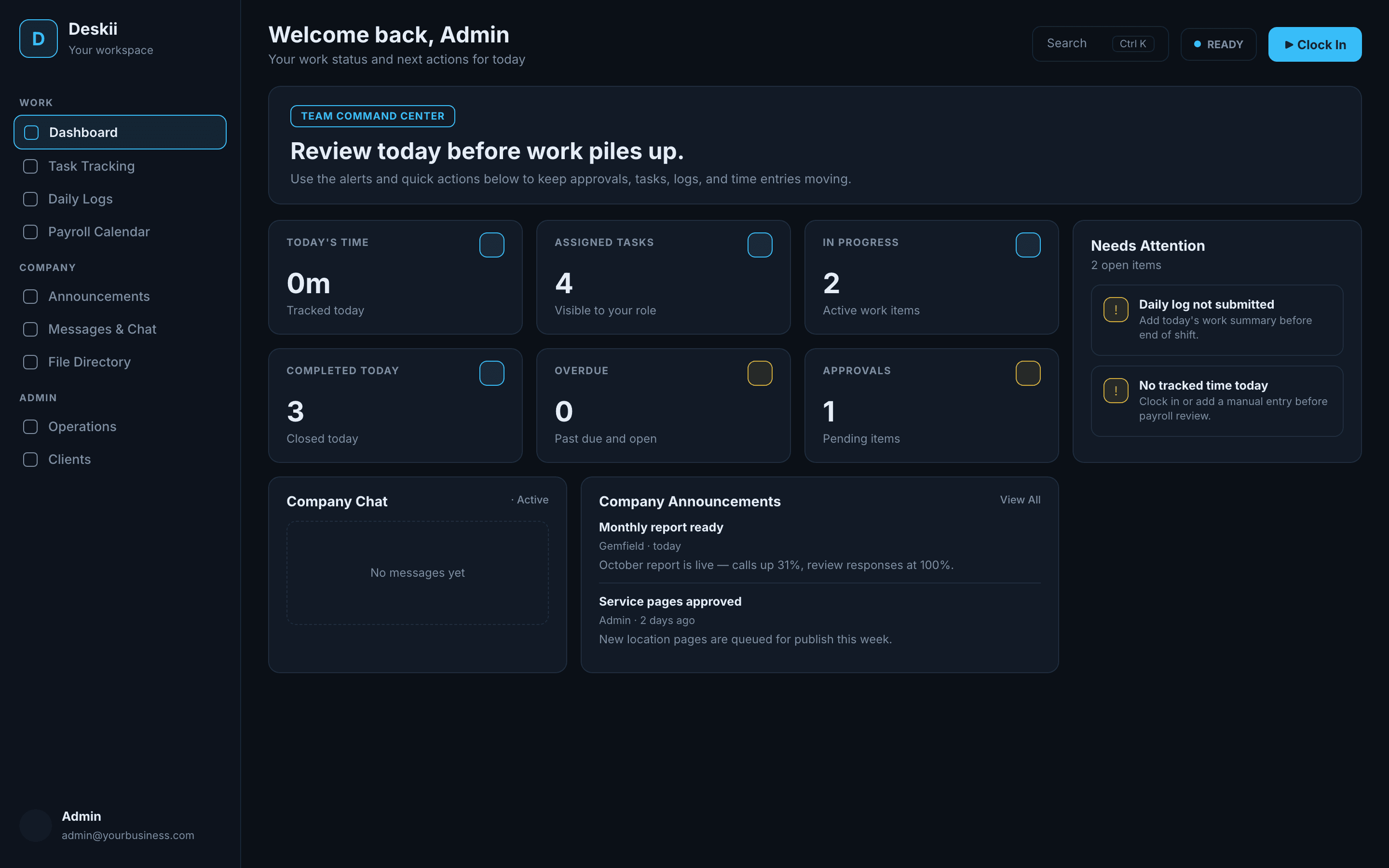 The Deskii client command center — projects, approvals, reports, and messages in one workspace