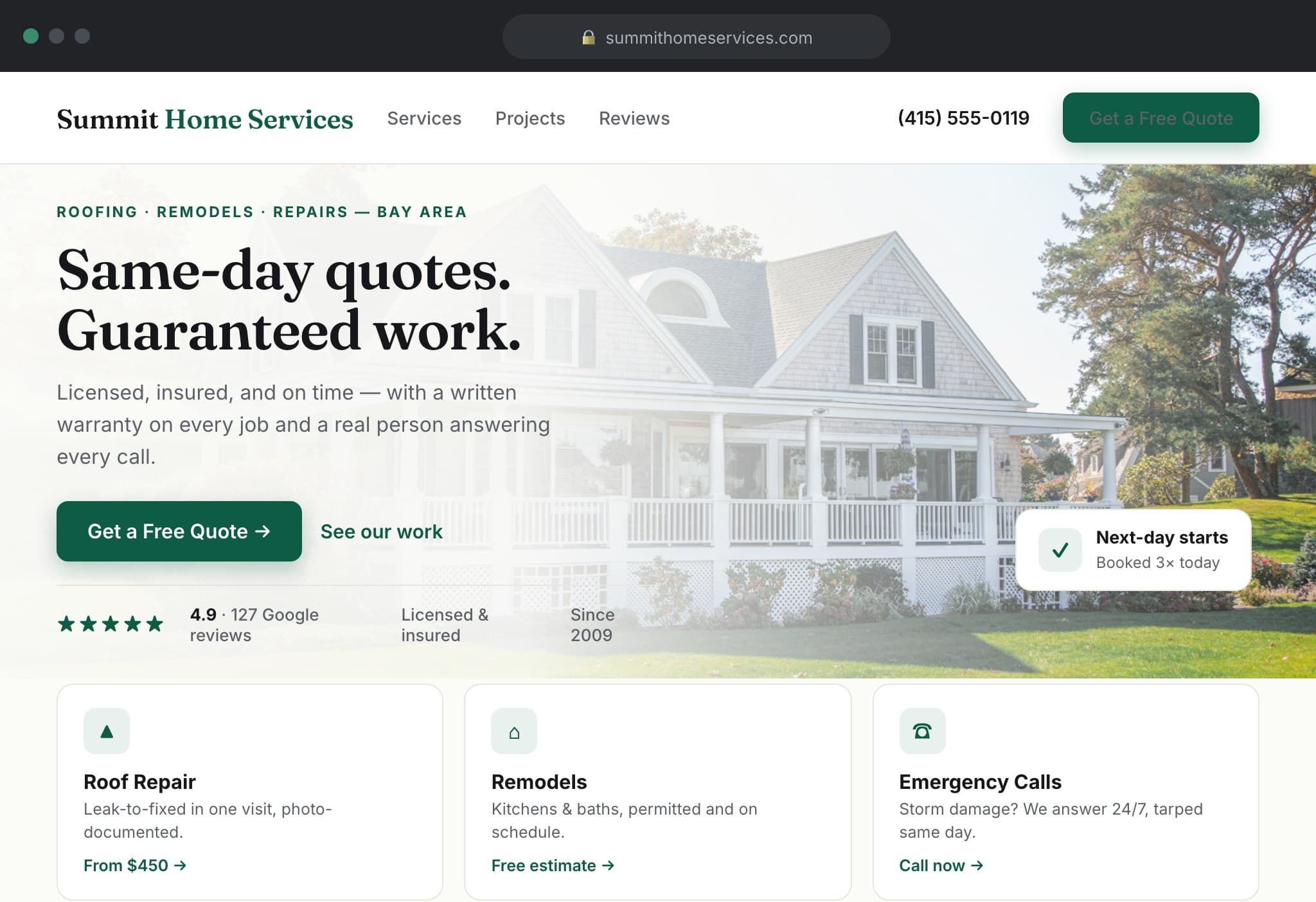 A Gemfield-built website for a home services client — clear headline, one call to action, reviews front and center